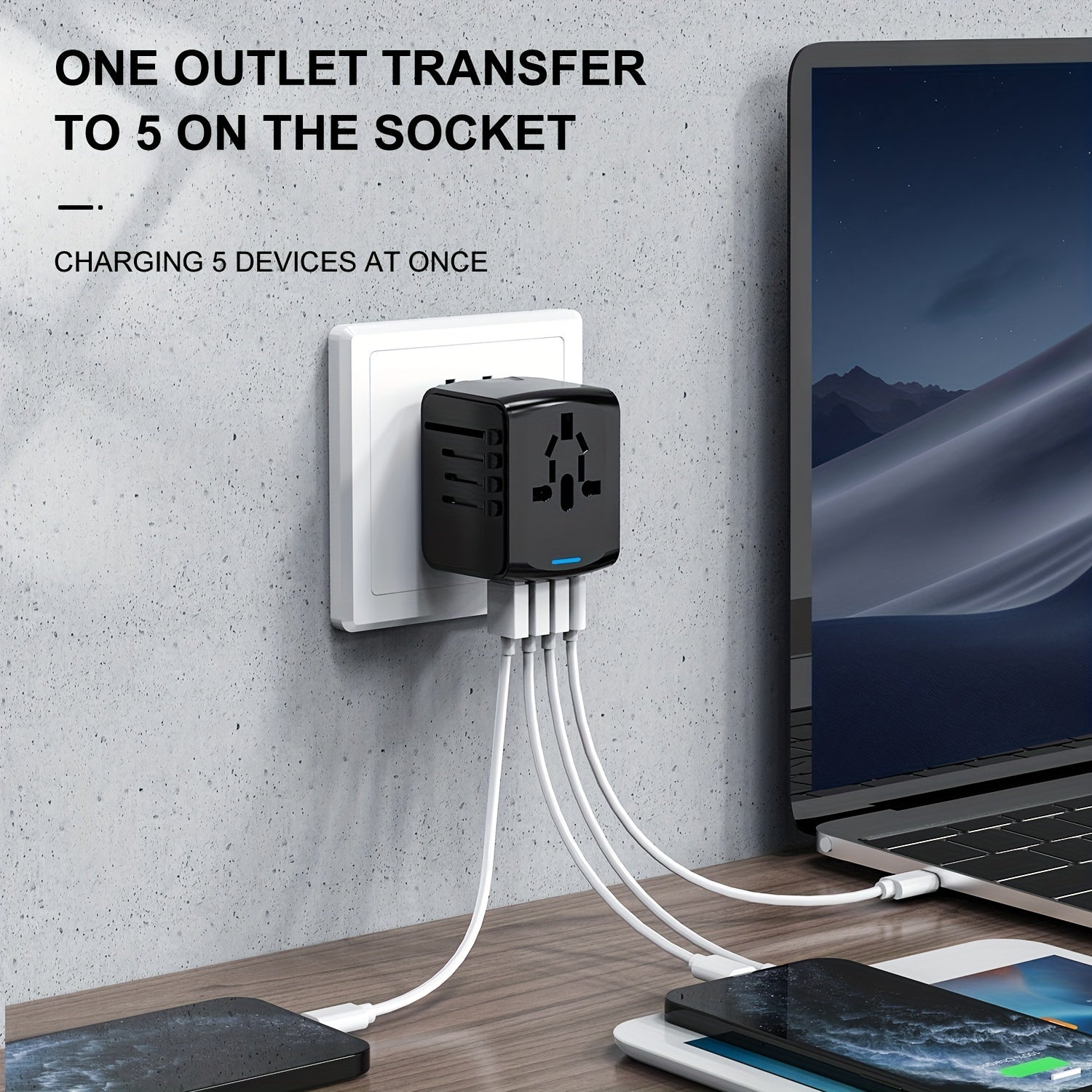 Adattatore da viaggio con 4 porte USB e Type-C – Caricabatterie Globale con Ricarica Rapida e Sicurezza