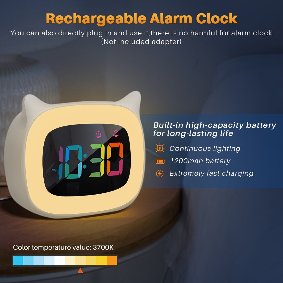 Sveglia con Orecchie da Gatto – Lampada Notturna RGB con 18 Melodie e Ricaricabile USB