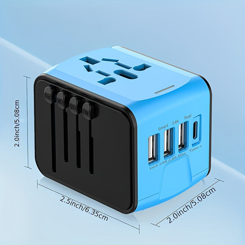 Adattatore da viaggio con 4 porte USB e Type-C – Caricabatterie Globale con Ricarica Rapida e Sicurezza