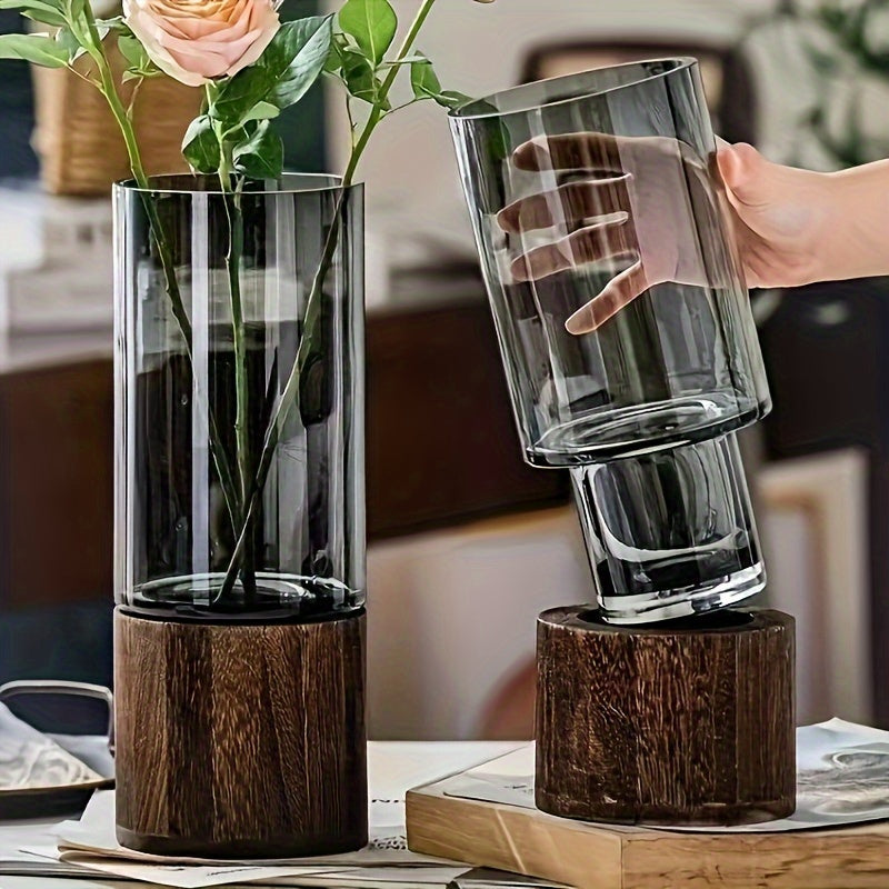 Vaso di Vetro di Lusso con Base in Legno - Elegante e Moderno