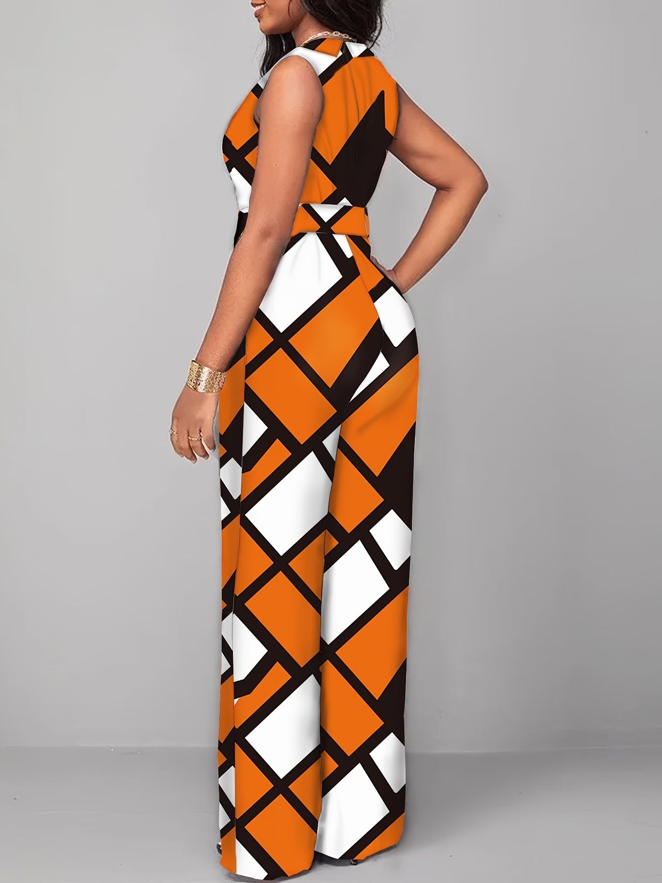Elegante Jumpsuit Stampato Geometrico – Pantaloni Larghi e Cintura per Feste e Abbigliamento Casual