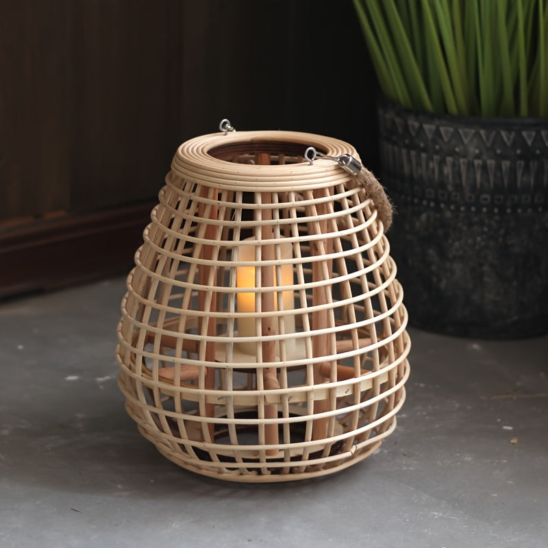Lanterna in Rattan Intrecciata a Mano con Portacandele – Pezzo Decorativo Singolo per Soggiorno, Balcone o Ristorazione