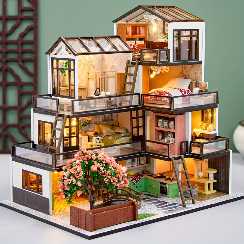 Kit di Puzzle 3D Miniatura Villa – Modello Fai-da-Te con Illuminazione LED e Interni Dettagliati