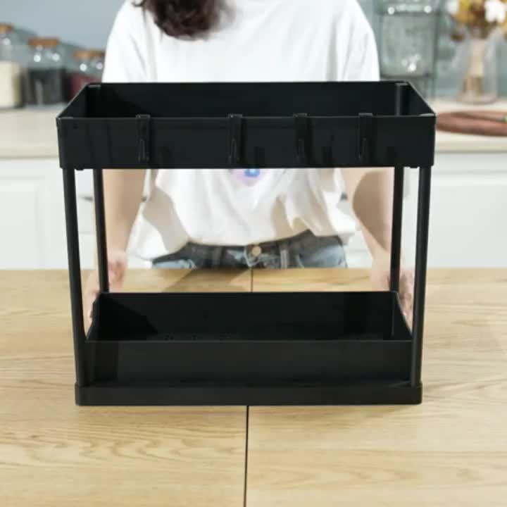 Organizer a 2 livelli con ganci e tazza – Sistema di stoccaggio sottile e stabile per sotto il lavello o il piano di lavoro