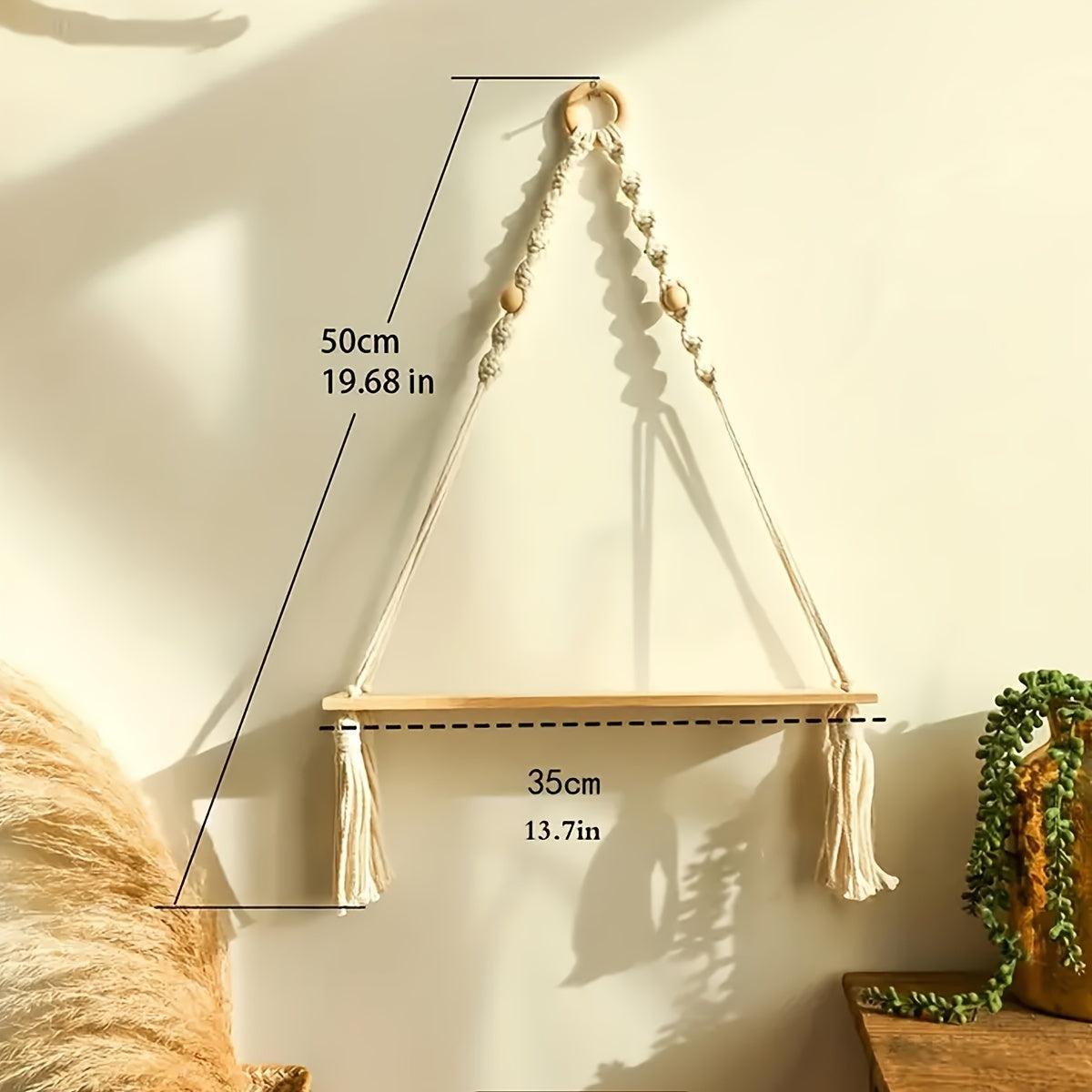 Boho Macramé Mensola a Muro – Mensola in Legno Fatta a Mano con Design in Cordone per un Interno Accogliente