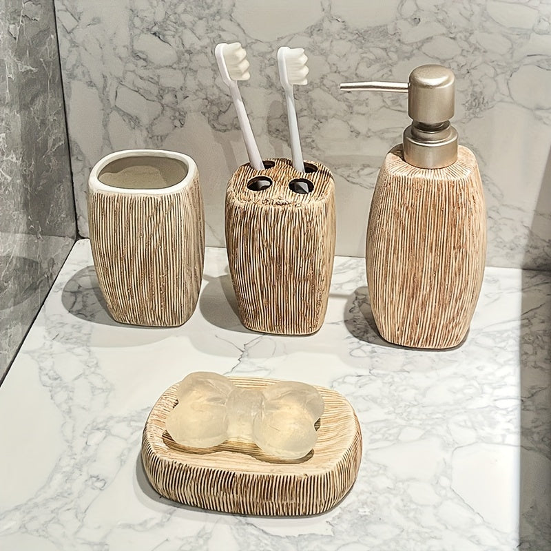 Set da Bagno in Ceramica Stile Venatura Legno – Accessori di Lusso per un Tocco Naturale nel Tuo Bagno