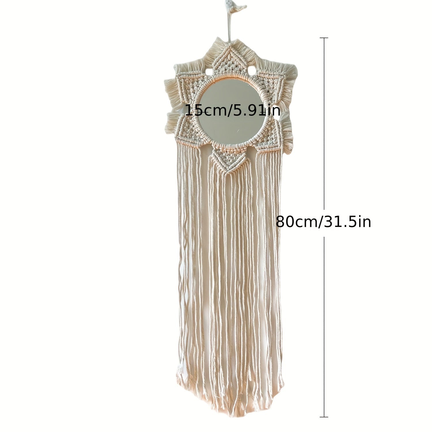 Specchio da Parete Boho in Macramè con Frange – Specchio Decorativo con Perline e Piume