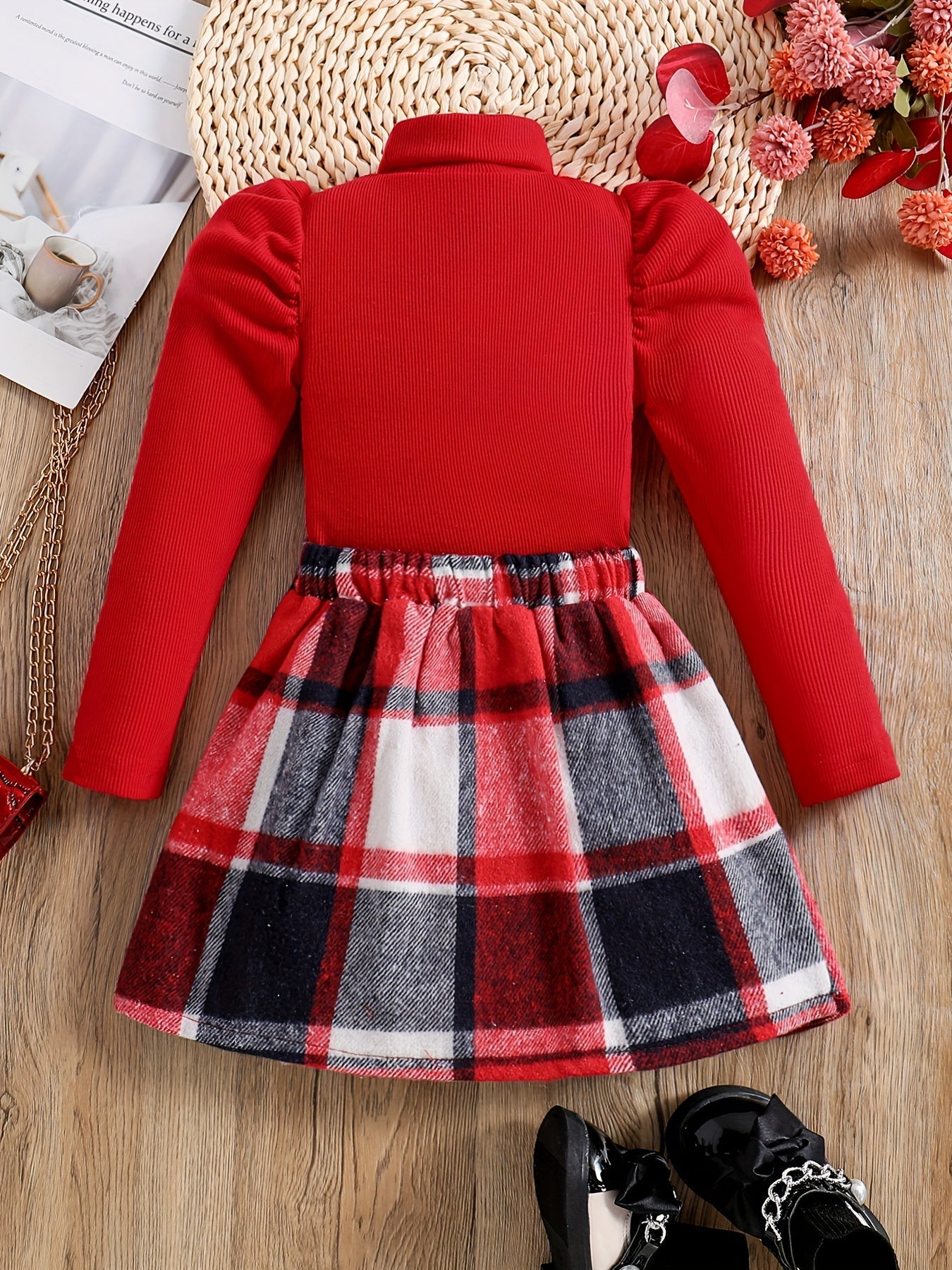 Completo Elegante con Collo Alto per Bambini - Gonna a Quadri e Maglione