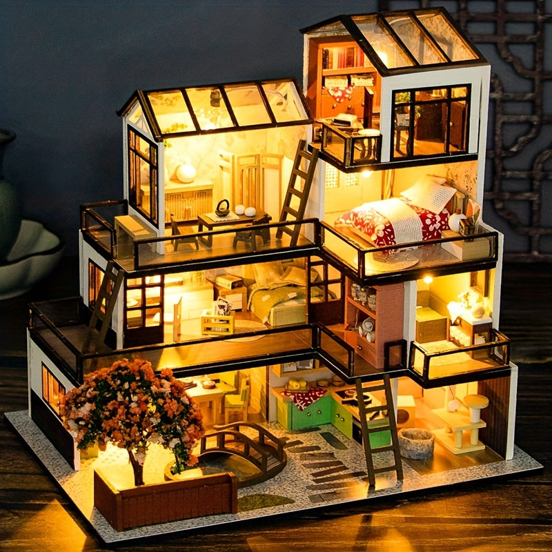 Kit di Puzzle 3D Miniatura Villa – Modello Fai-da-Te con Illuminazione LED e Interni Dettagliati