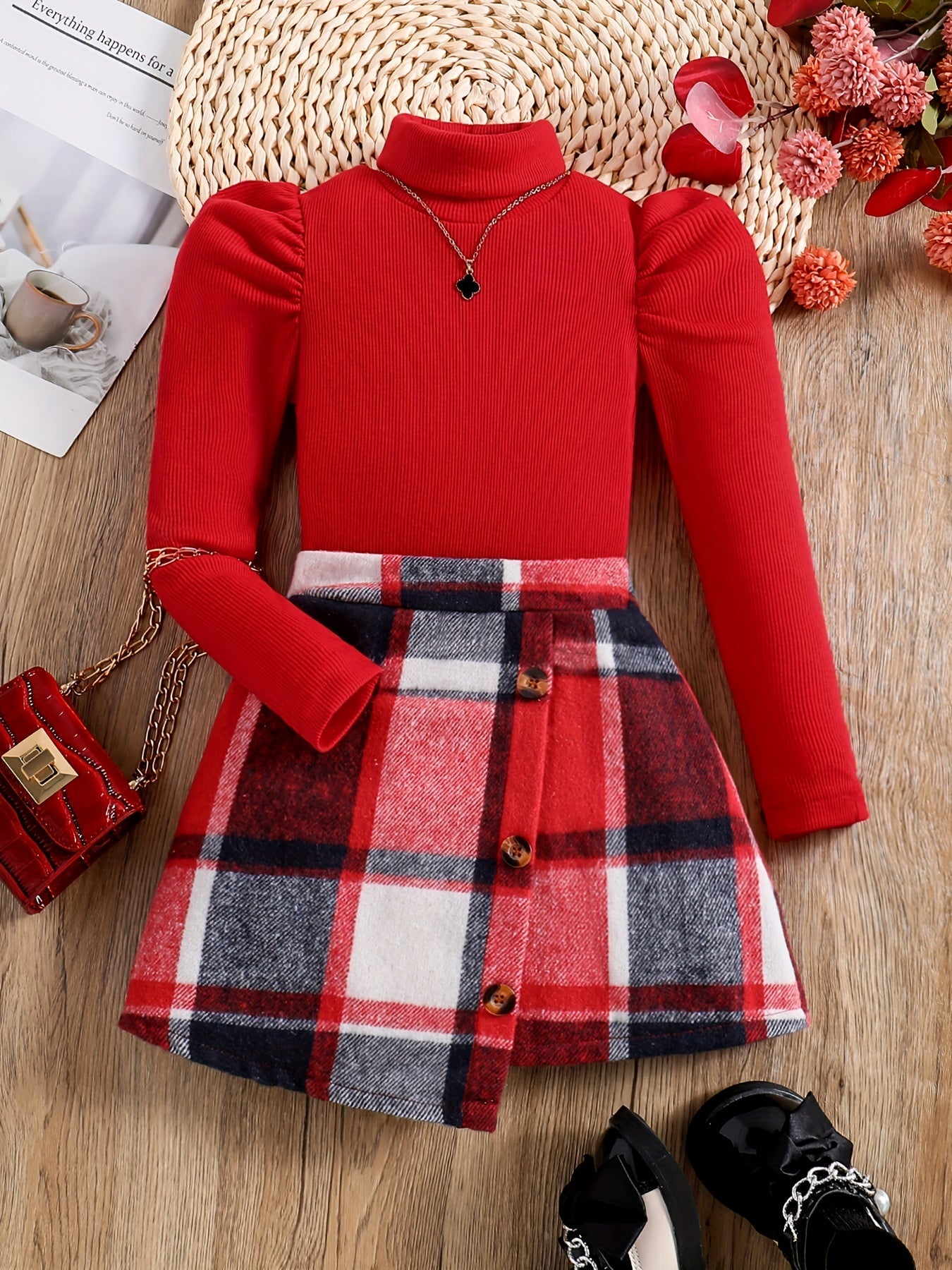 Completo Elegante con Collo Alto per Bambini - Gonna a Quadri e Maglione