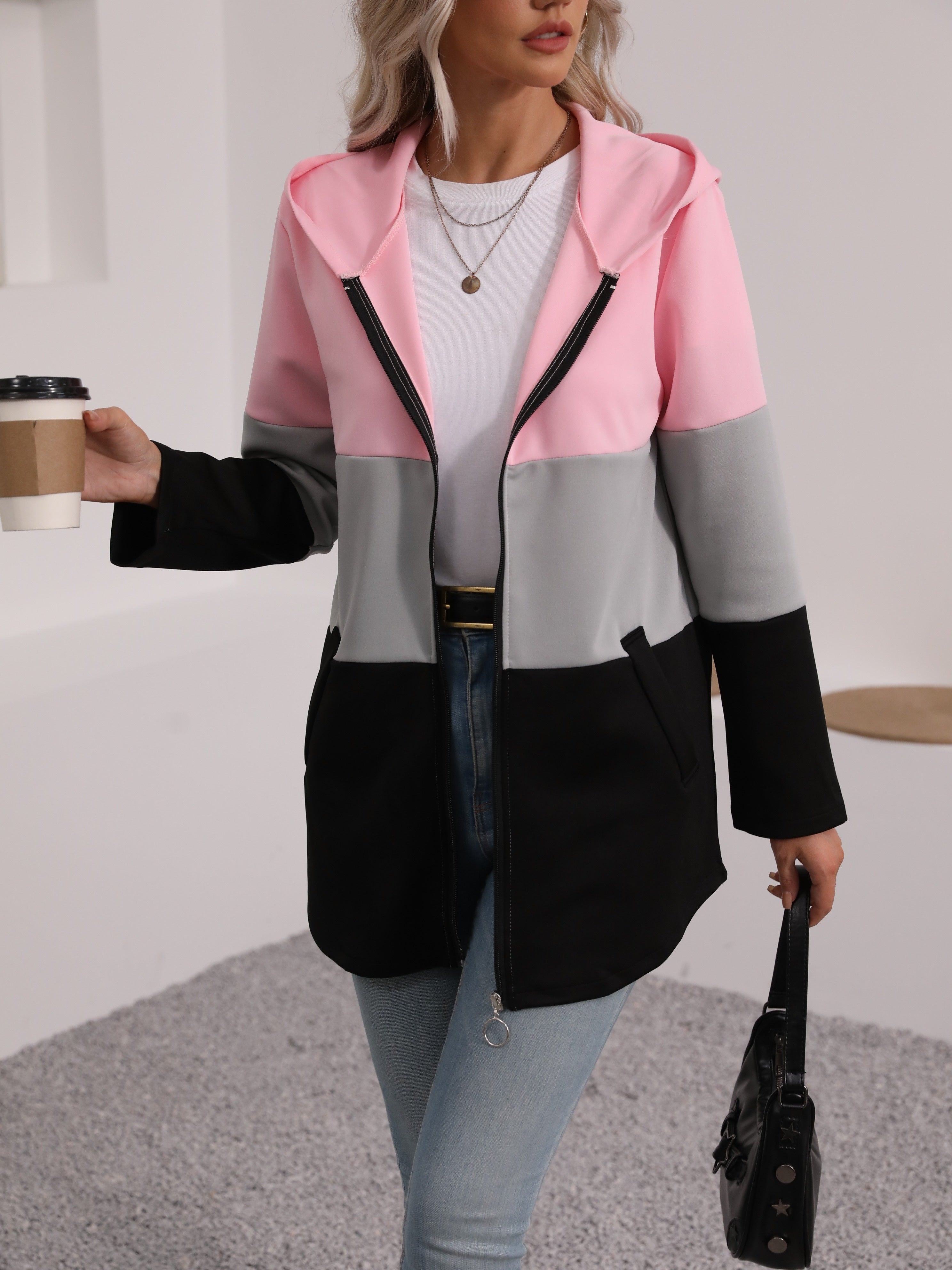 Giacca con Cappuccio a Zip in Color Block – Elegante e Confortevole per Outfit Casual