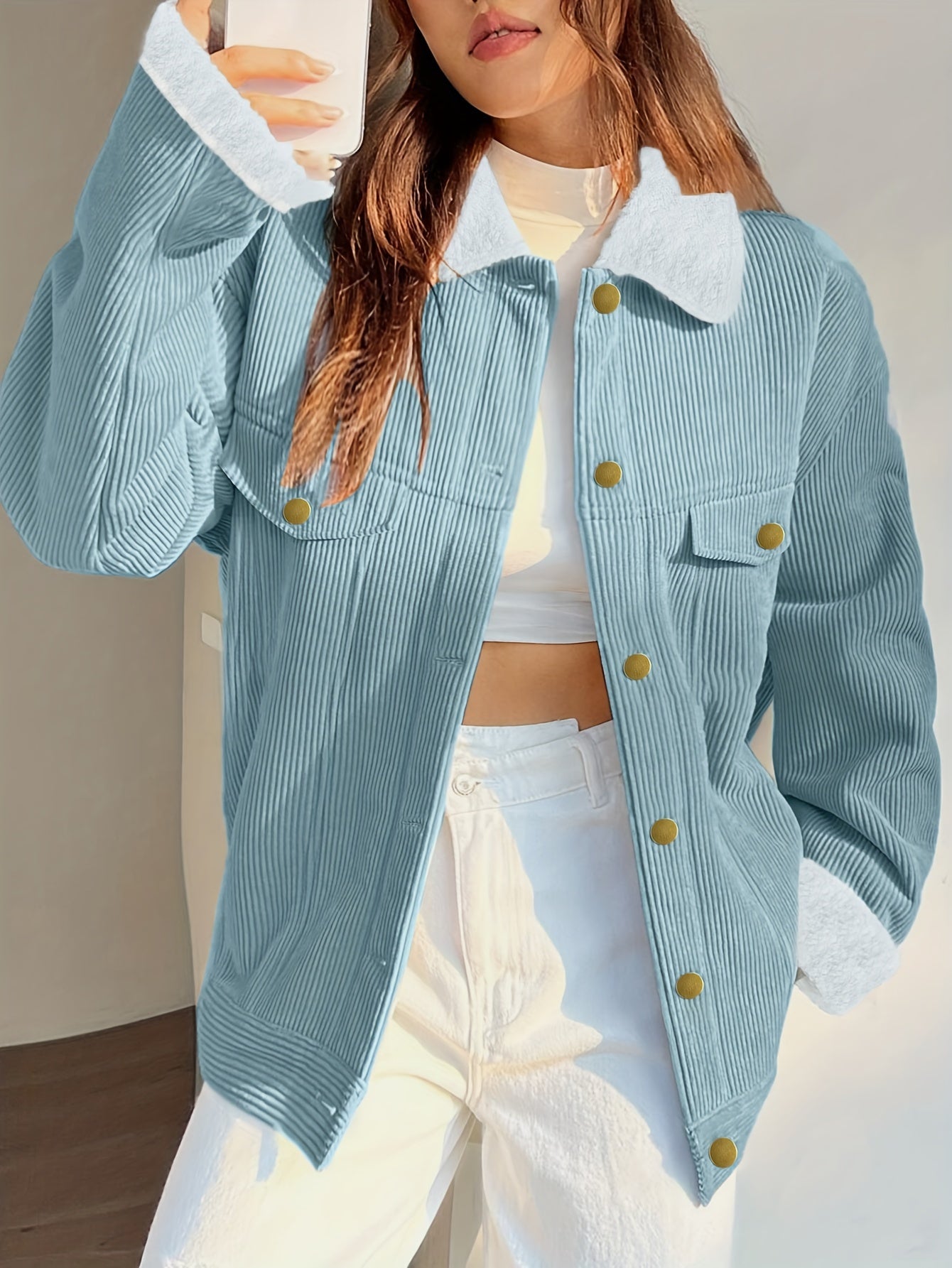 Giacca da Donna Elegante per Autunno e Inverno – Colore Unito con Collo e Bottoni