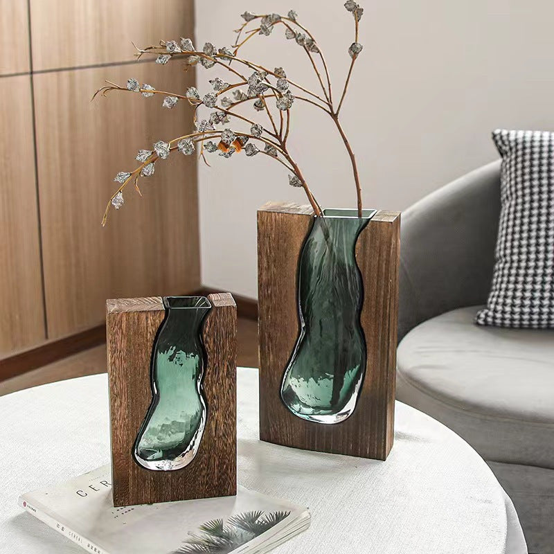 Elegante Vaso di Vetro con Base in Legno - Decorazione Stile per Ogni Ambiente