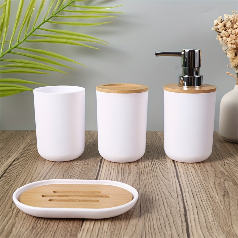 Set di Accessori per Bagno con Coperchio in Bambù – Set da 4 Pezzi per Decorare il Bagno