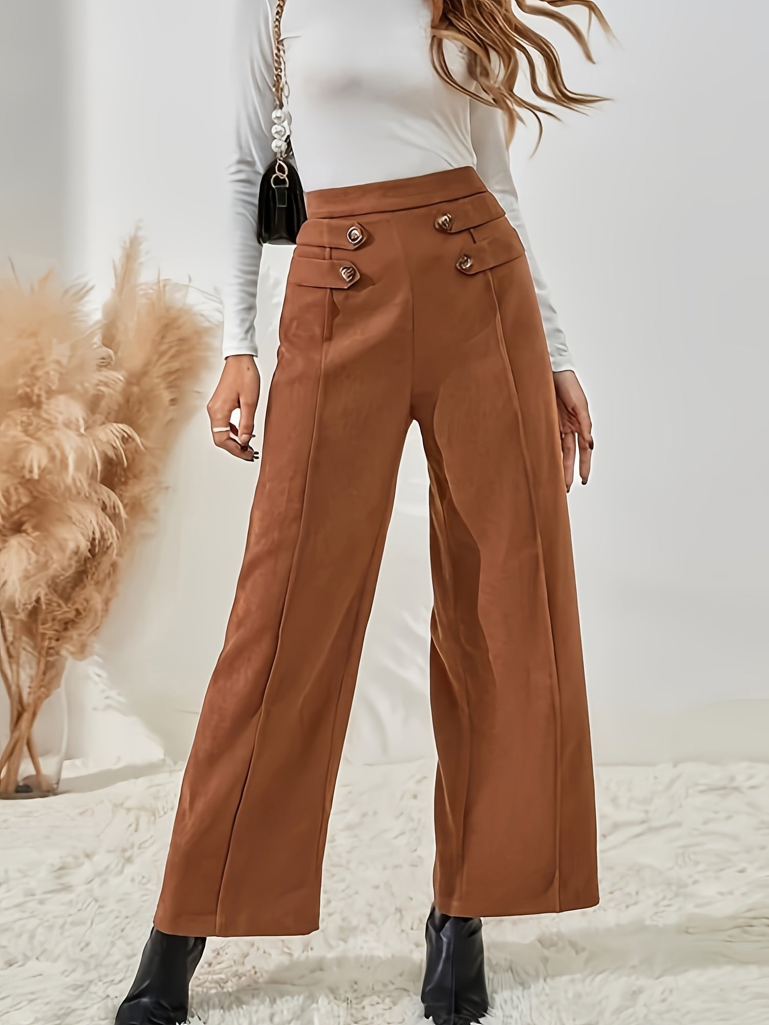 Elegante Pantalone a Vita Alta con Dettagli in Bottone – Pantalone Wide Leg Femminile per Primavera e Autunno