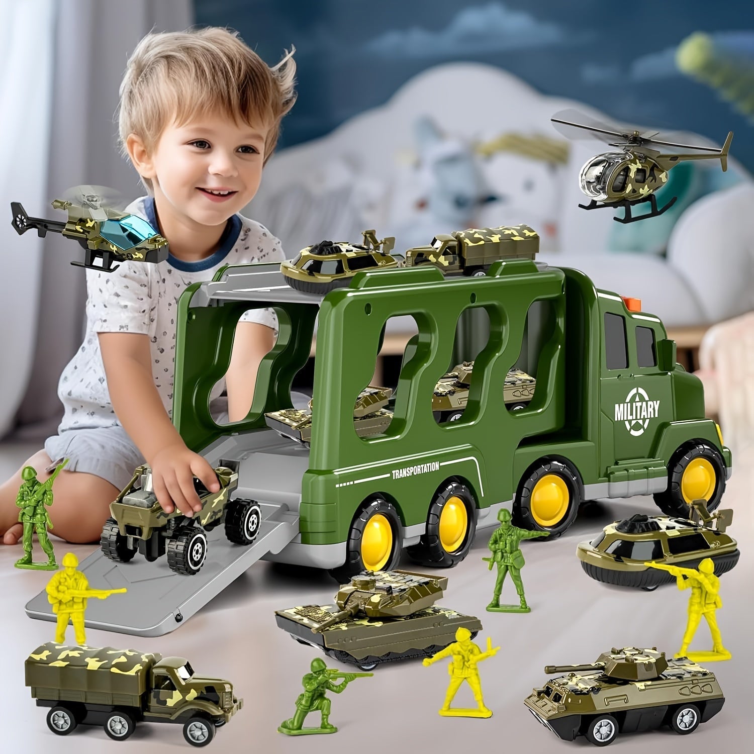 ArmyForce 14-in-1 Set di Giocattoli Militari - Camion con Carri Armati, Soldati ed Effetti Sonori