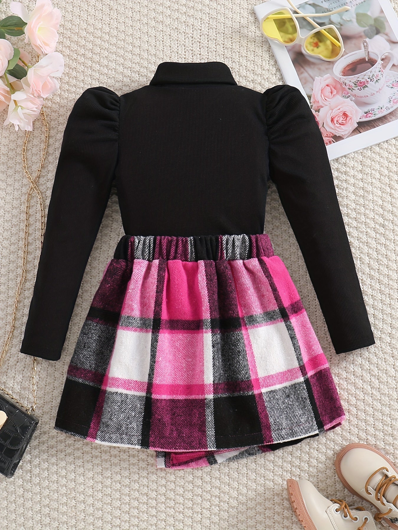 Completo Elegante con Collo Alto per Bambini - Gonna a Quadri e Maglione