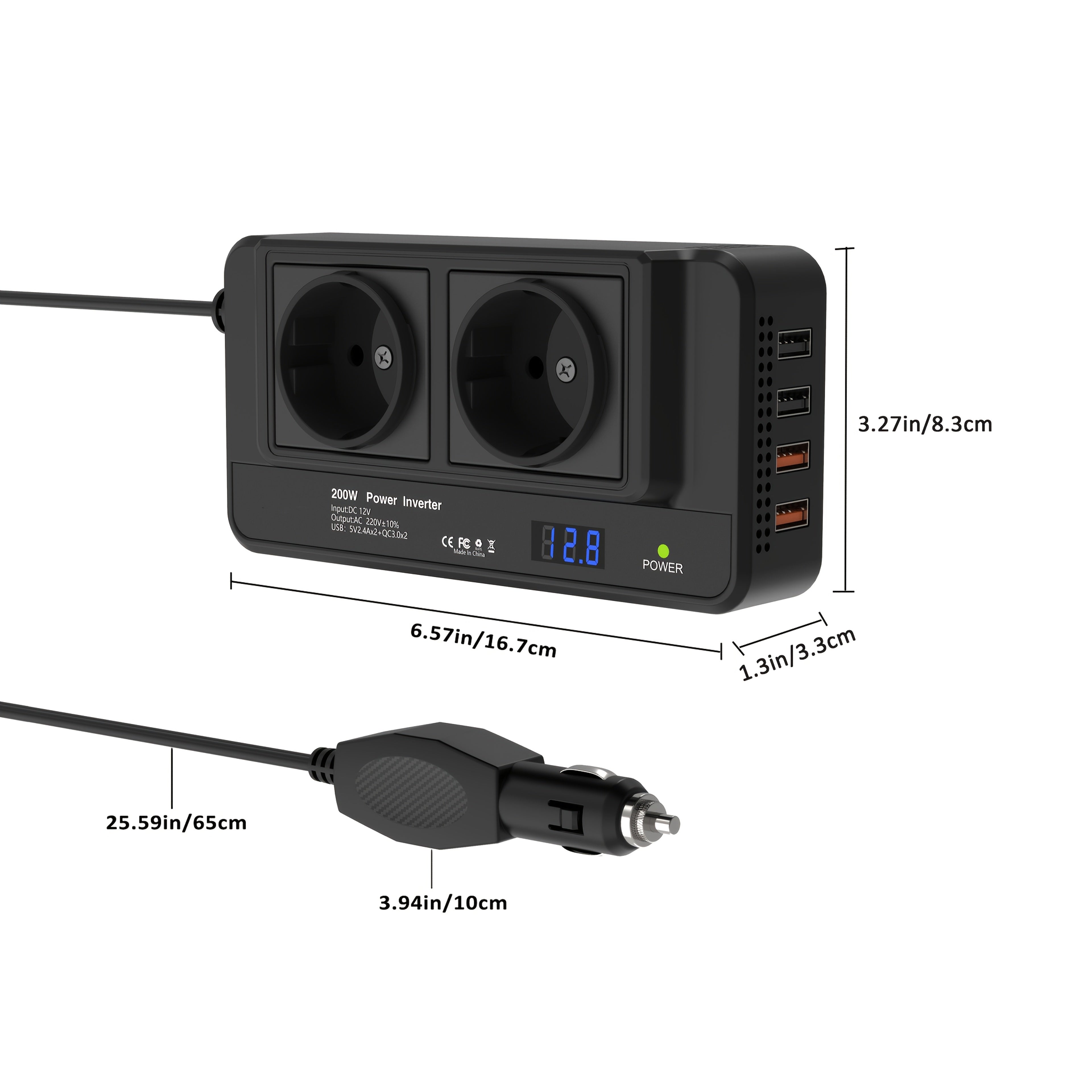 Inverter Auto Compatto 200W – Doppie Prese & Quad USB