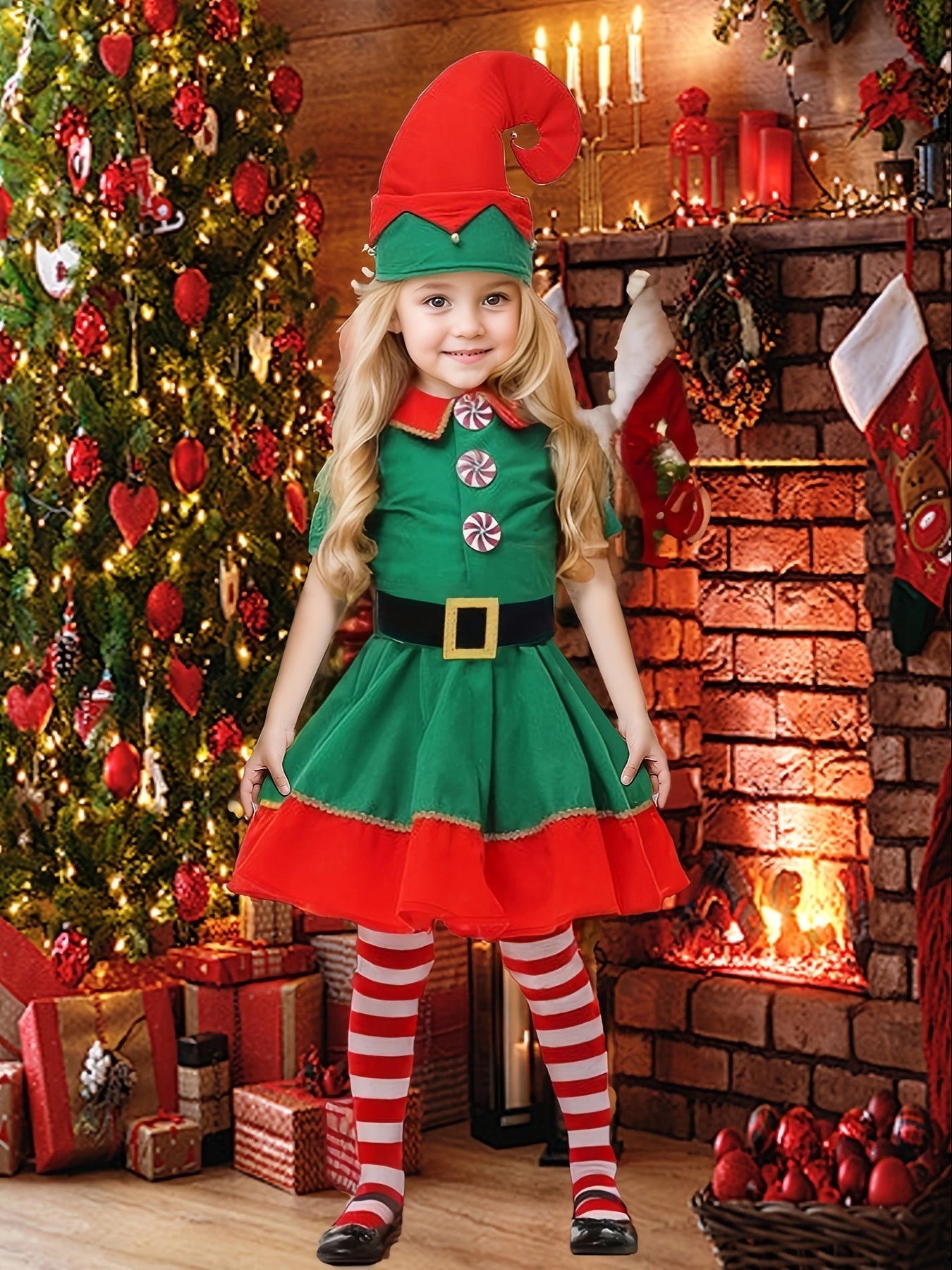 Outfit Magico da Elfo di Natale di Mila per Bambini - Include Abito, Cappello, Calzini e Cintura
