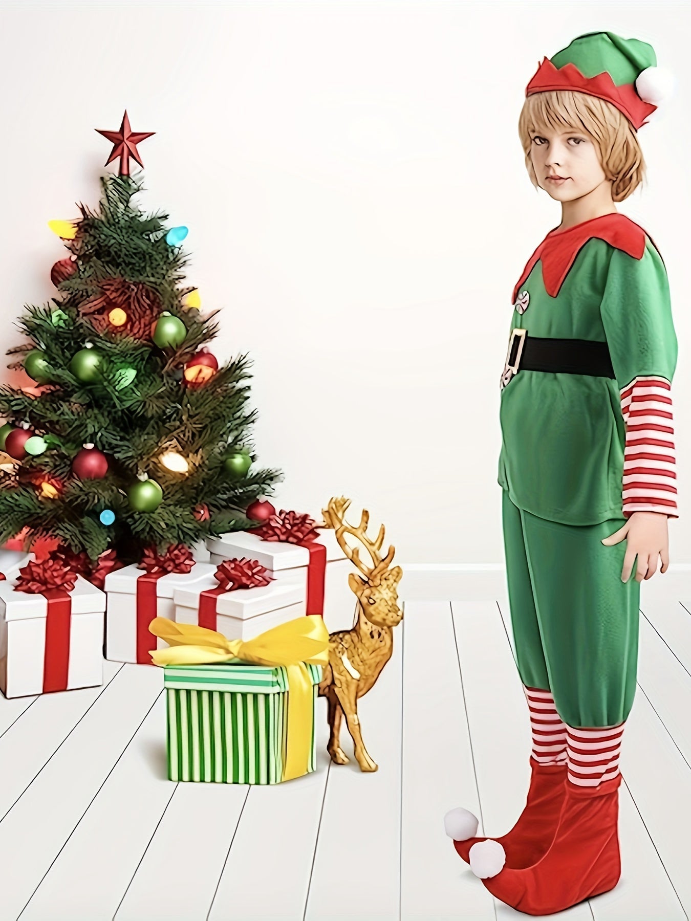 Divertente Costume da Elfo di Natale per Bambini - Completo di Cappello, Maglietta, Pantaloni e Copriscarpe