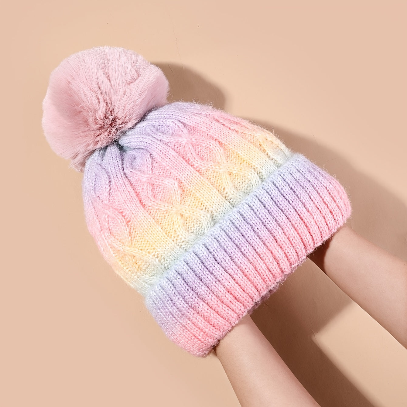 Beanie Lana Arcobaleno per Ragazze - Cappello Tricot con Pompon e Materiale Spesso per l'Inverno