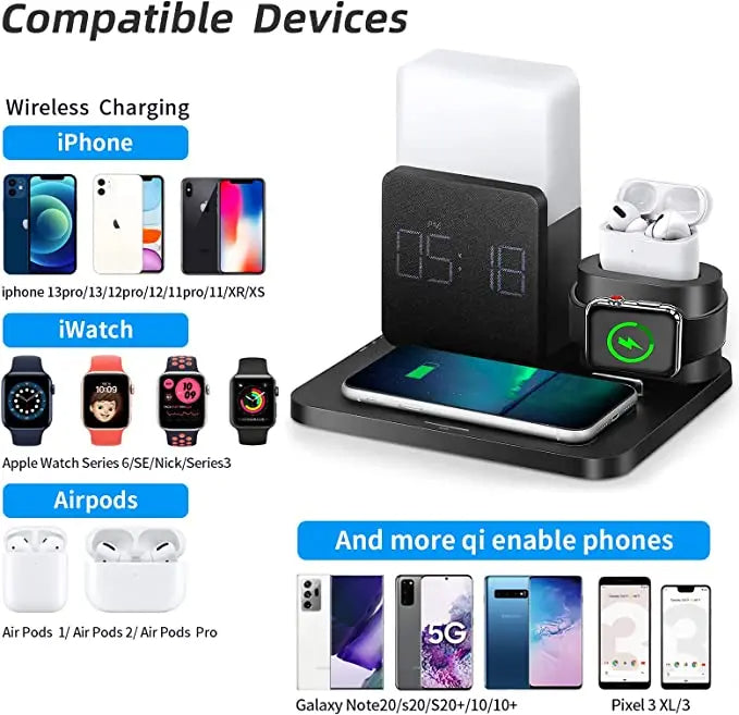 Stazione di Ricarica Wireless Multi-Funzionale – Include Lampada e Sveglia