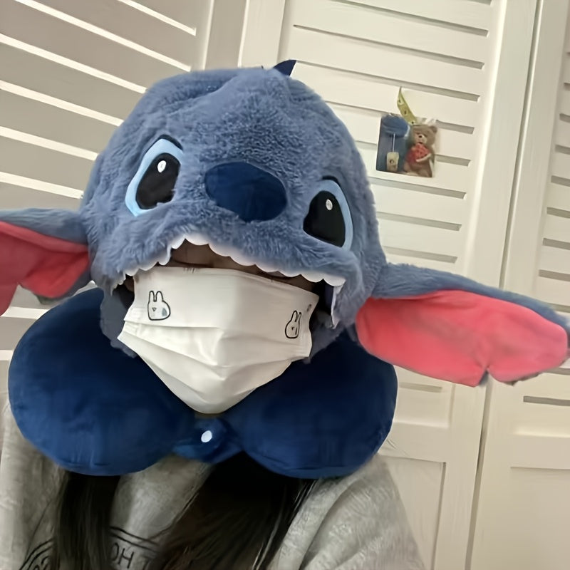 Cuscino da Viaggio Pluche Stitch con Cappuccio - Cuscino a Forma di U Con Orecchie