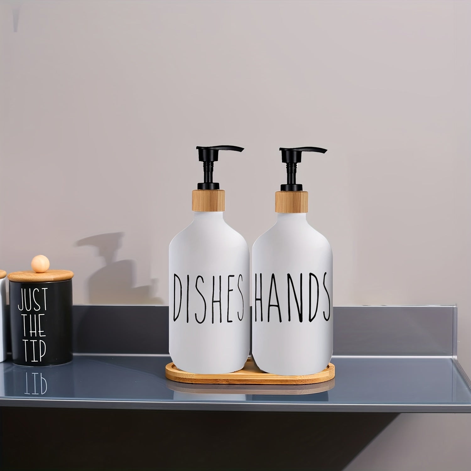 Dispenser di Sapone Moderna con Piatto in Legno - Per un Bagno Elegante