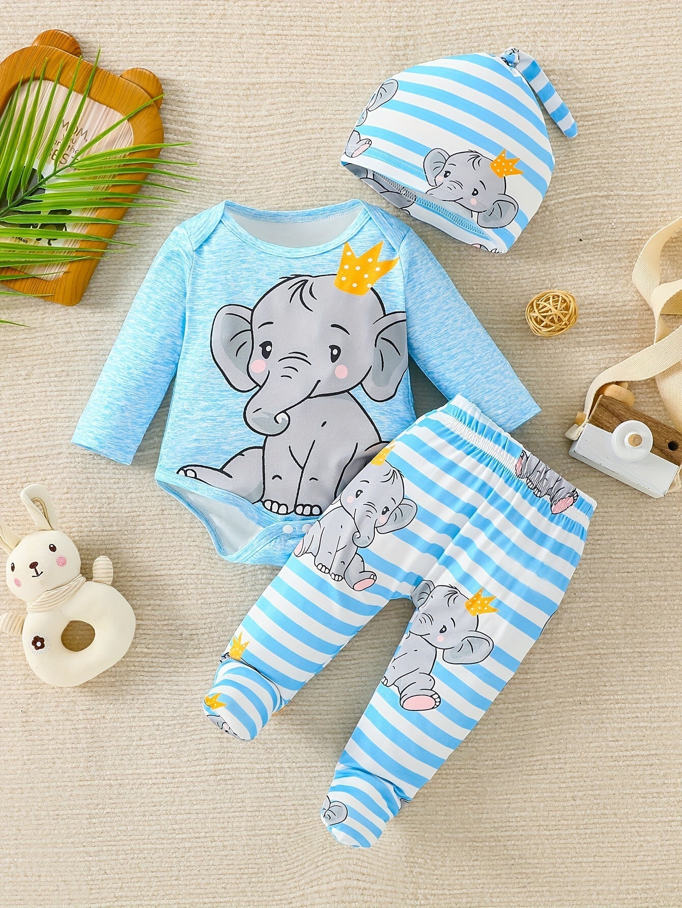 Set Outfit Baby Elefante – Tutina, Pantaloni e Cappello per una Felice Avventura
