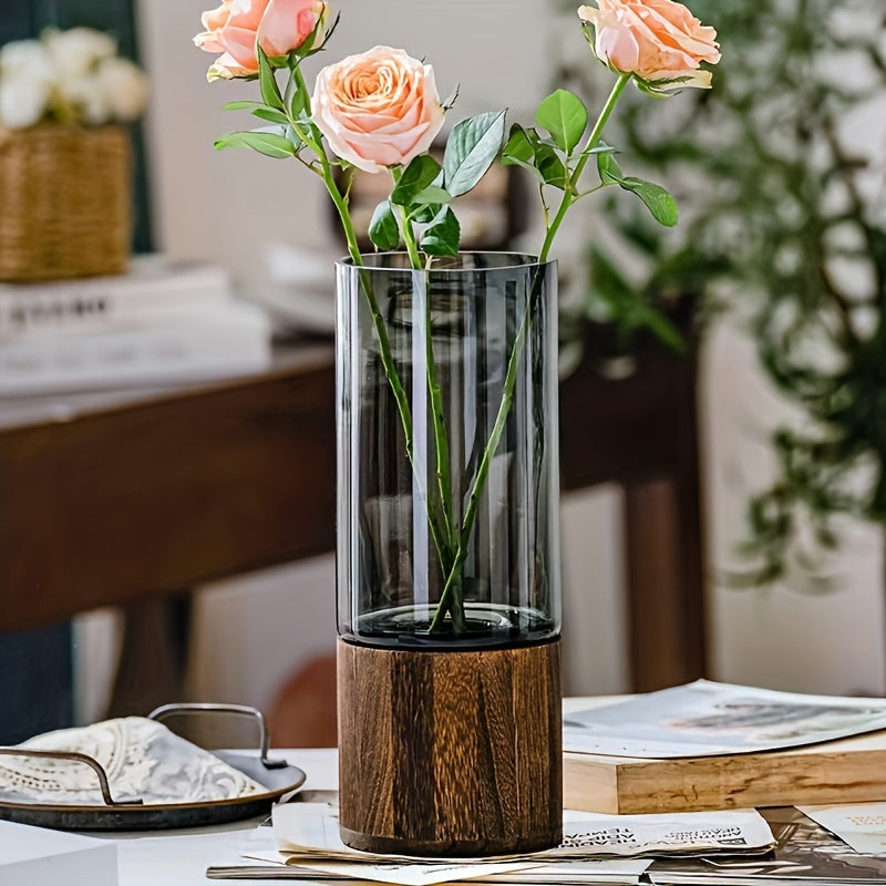 Vaso di Vetro di Lusso con Base in Legno - Elegante e Moderno