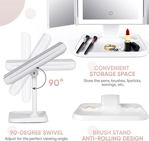 Specchio per Trucco Lumière con Illuminazione LED – Ingrandimento Regolabile e Spazio di Archiviazione Elegante