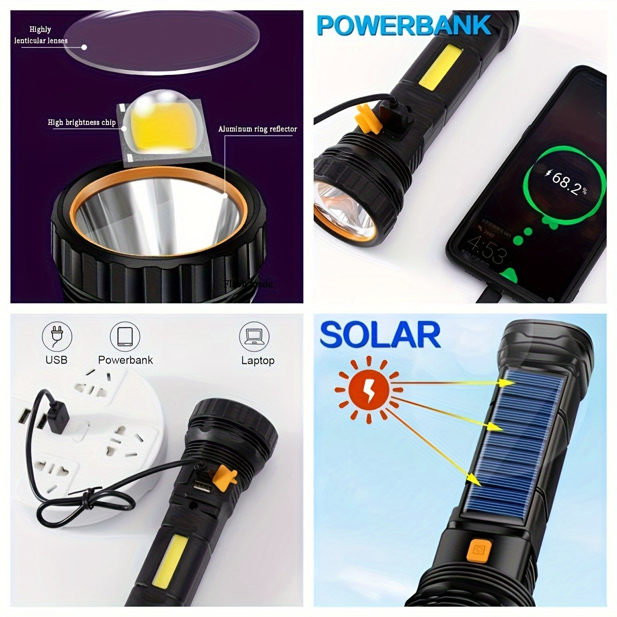 Torcia LED SolarBeam - Ricaricabile con Pannello Solare & USB