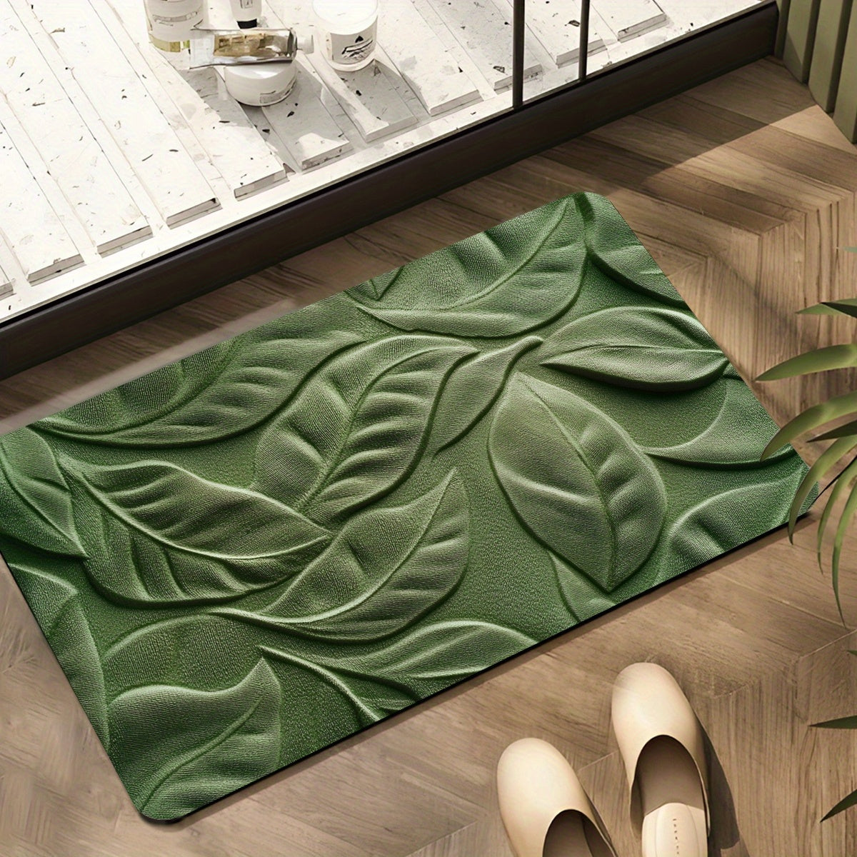 Tappetino da Bagno in Terra di Diatomee con Motivo di Foglie Verdi – Assorbente e Asciugatura Rapida