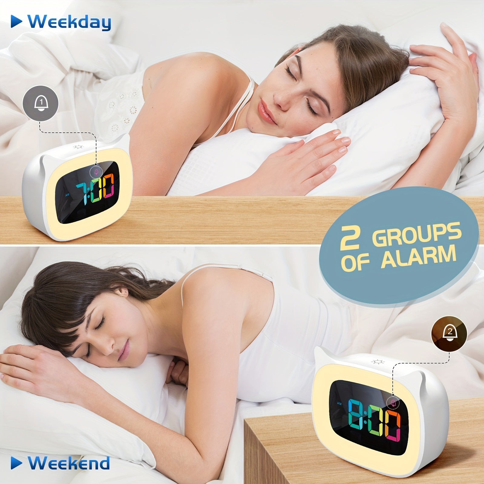 Sveglia con Orecchie da Gatto – Lampada Notturna RGB con 18 Melodie e Ricaricabile USB