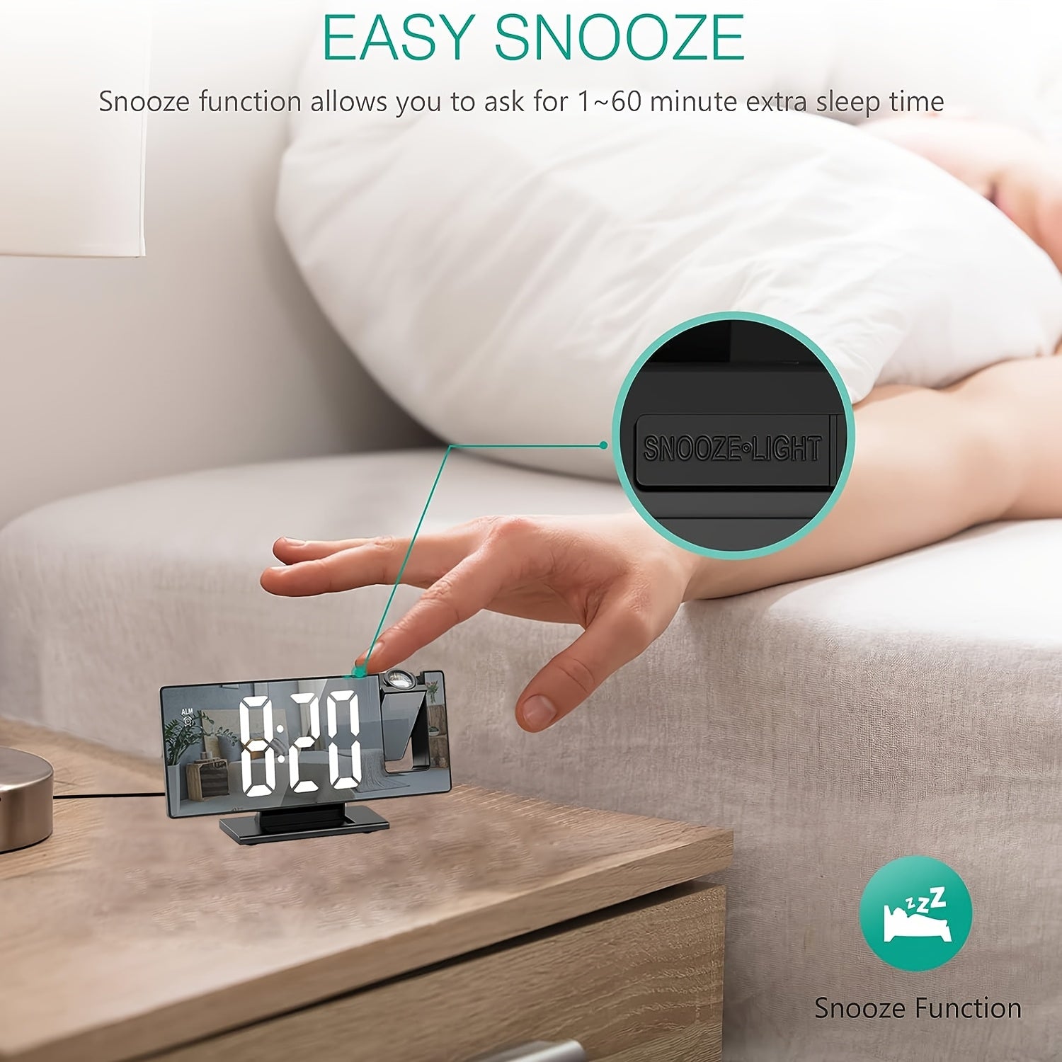 Orologio Proiettore LED con Proiezione Regolabile a 180° – Display Chiaro e Funzione Snooze per Camera da Letto o Ufficio