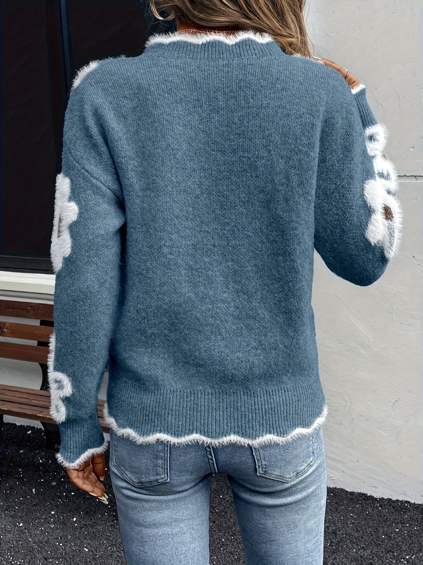 Elegante Maglione a Fiori con Scollatura a V – Perfetto per Primavera e Autunno