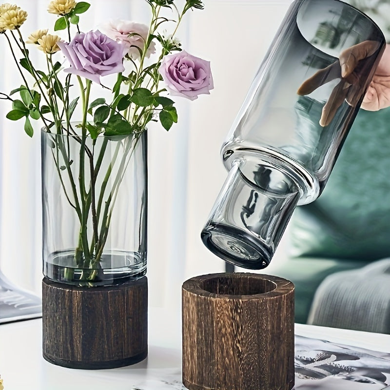Vaso di Vetro di Lusso con Base in Legno - Elegante e Moderno
