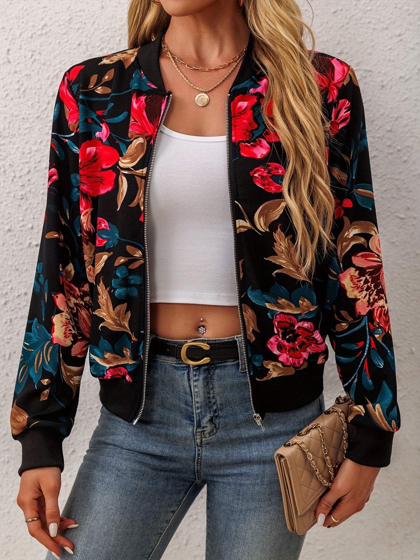 Elegante Giacca Bomber con Fiori – Trendy e Confortevole per Primavera e Autunno