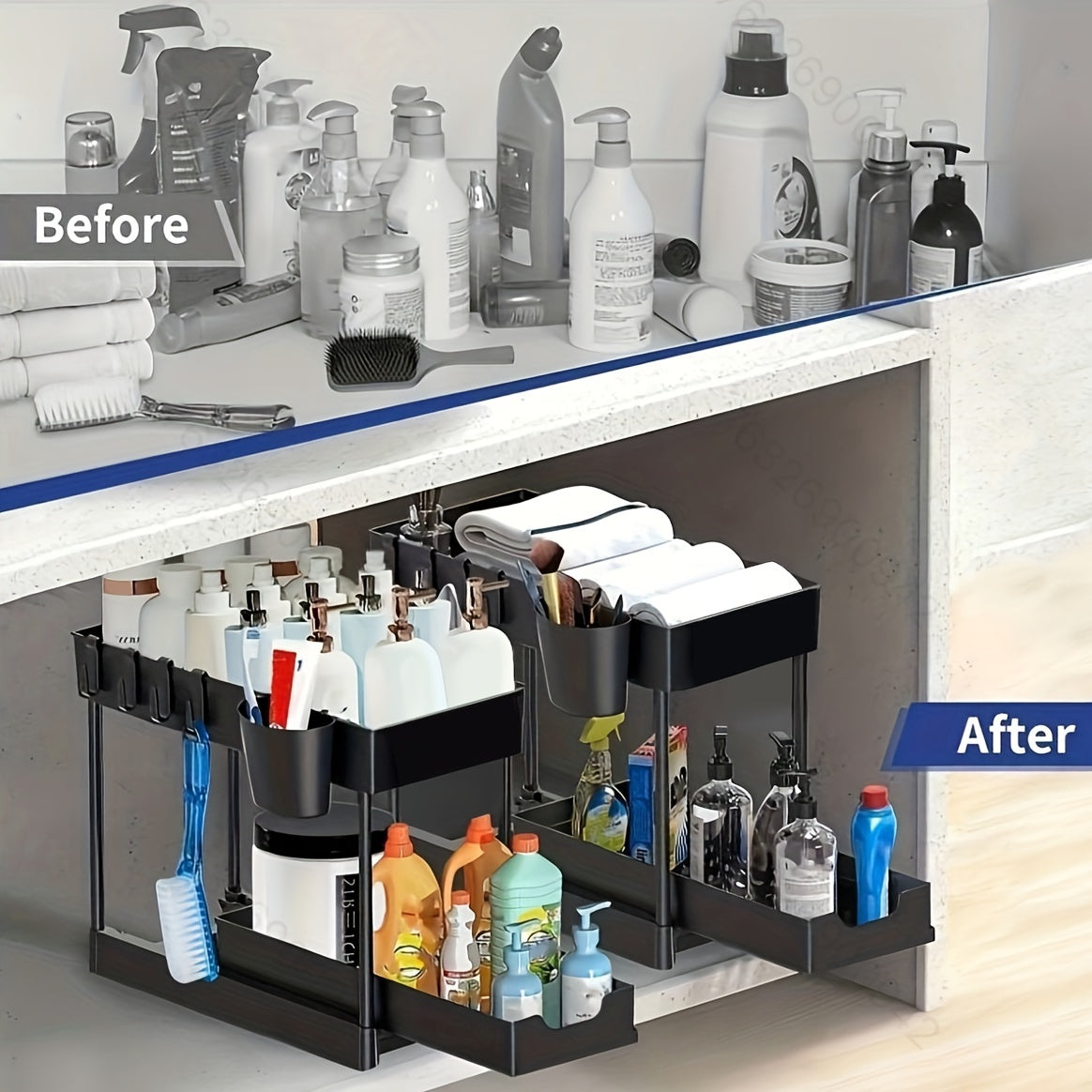 Organizer a 2 livelli con ganci e tazza – Sistema di stoccaggio sottile e stabile per sotto il lavello o il piano di lavoro