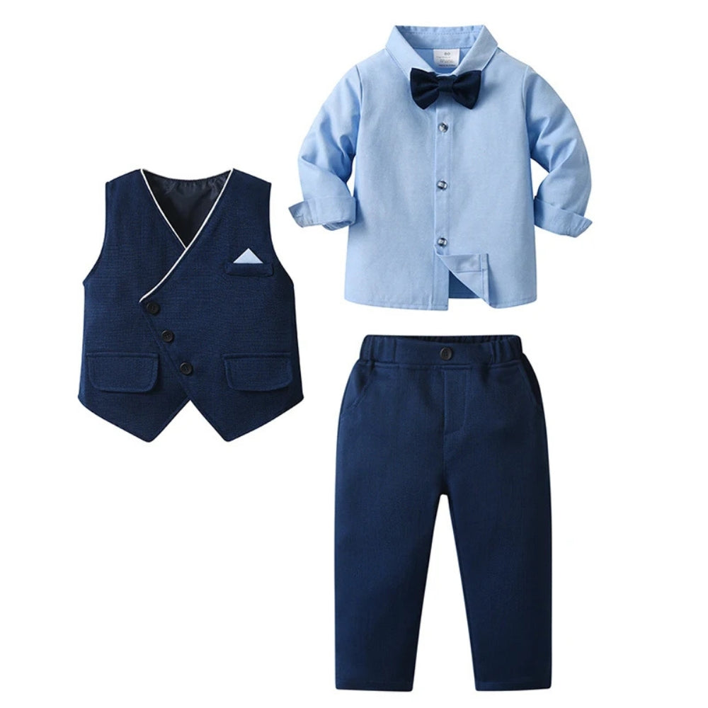 Completo Chic per Ragazzi 3 Pezzi – Camicia Blu, Gilet e Pantaloni con Papillon