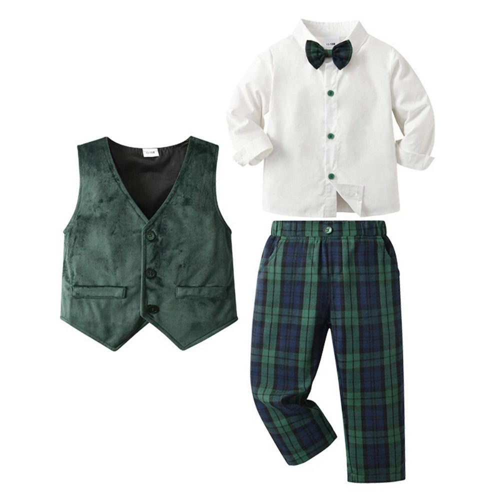 Completo Chic per Ragazzi 3 Pezzi – Camicia Blu, Gilet e Pantaloni con Papillon