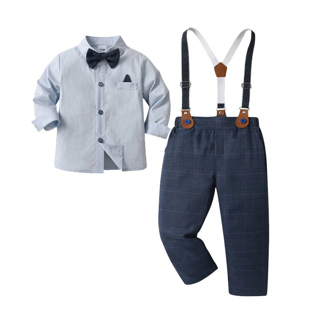 Completo Chic per Ragazzi 3 Pezzi – Camicia Blu, Gilet e Pantaloni con Papillon