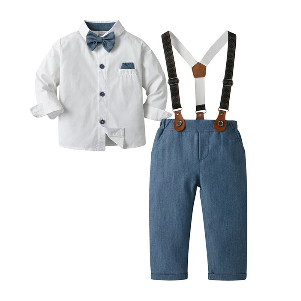 Completo Chic per Ragazzi 3 Pezzi – Camicia Blu, Gilet e Pantaloni con Papillon