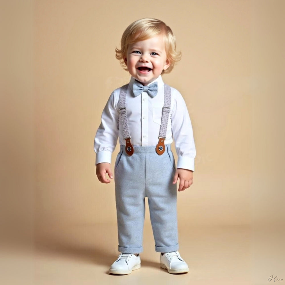 Completo Chic per Ragazzi 3 Pezzi – Camicia Blu, Gilet e Pantaloni con Papillon