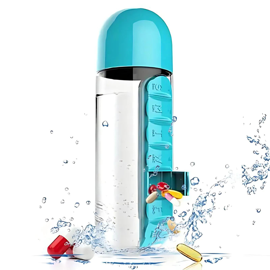 VitaBottle - Bottiglia d'acqua portatile con scatola per pillole integrata.