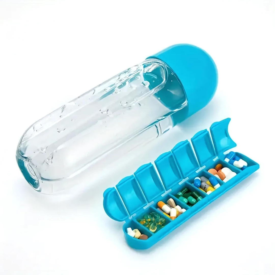 VitaBottle - Bottiglia d'acqua portatile con scatola per pillole integrata.