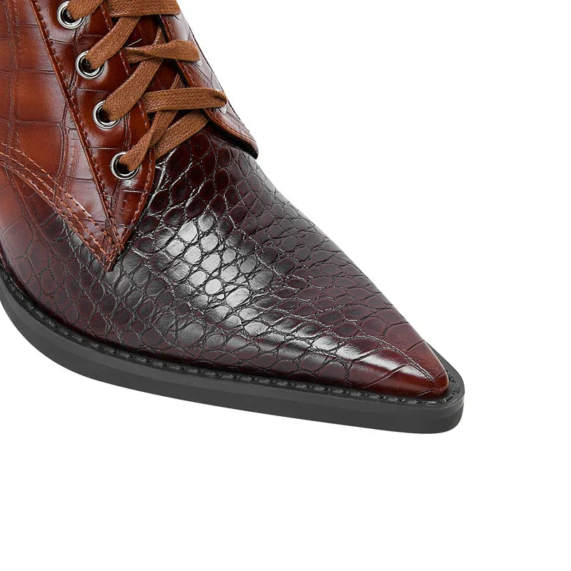 Stivali da Donna con Lacci e Motivo Croco – Stile Western con Punta Affilata