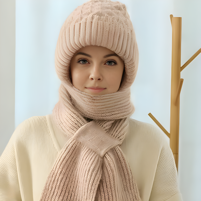 Cappello Invernale Lavorato a Maglia con Sciarpa Integrata – Design 2-in-1