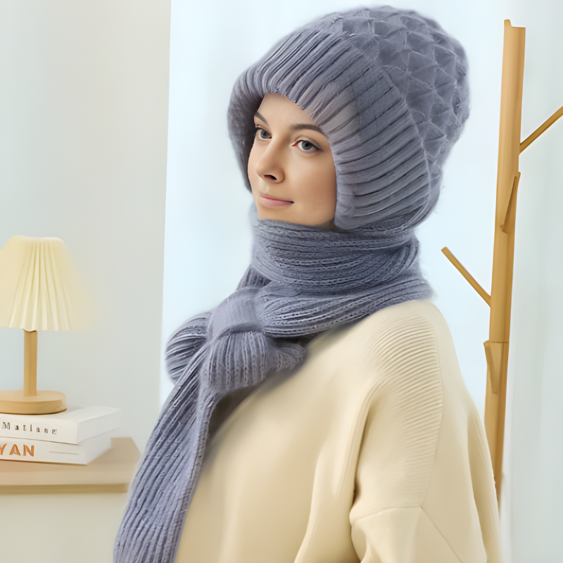 Cappello Invernale Lavorato a Maglia con Sciarpa Integrata – Design 2-in-1