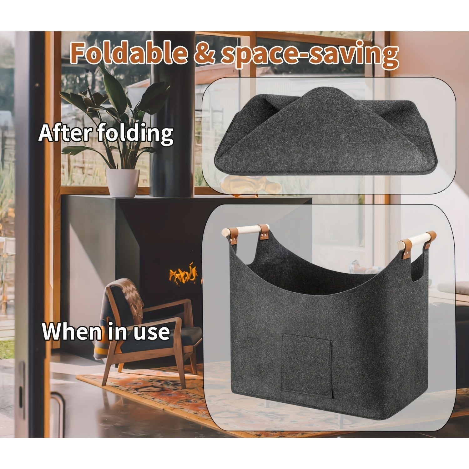 Cesta Pieghevole in Feltro XL con Manici in Legno – Portalegna Sostenibile e Stilosu per Uso Interno